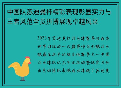 中国队苏迪曼杯精彩表现彰显实力与王者风范全员拼搏展现卓越风采